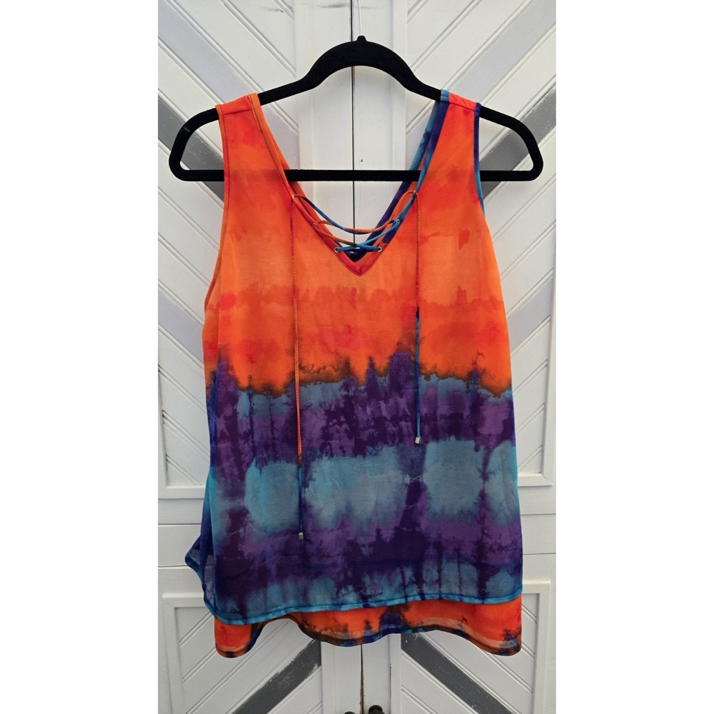 Worthington Women's L Orange Blue Purple Tie Dye Layered Chiffon Cross Tie‎ Tank - Picture 8 of 16